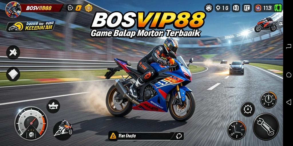 Screenshot gameplay BOSVIP88 menampilkan balapan motor yang mendebarkan.
