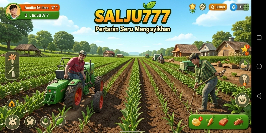 Screenshot dari gameplay SALJU777 yang menampilkan ladang pertanian yang subur dan indah.